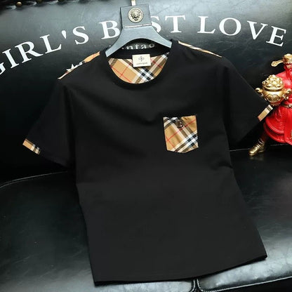 【#A581】Men's Crew Neck T-Shirt With Vintage Plaid Patch Pocket, Contrast Casual Short Sleeve Top