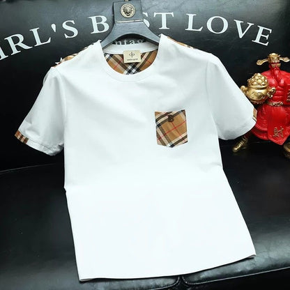 【#A581】Men's Crew Neck T-Shirt With Vintage Plaid Patch Pocket, Contrast Casual Short Sleeve Top