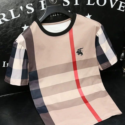 【#A582】Men's Crew Neck Short Sleeve T-Shirt With Classic Contrast Plaid & Horse Embroidery, Luxury Casual Tee