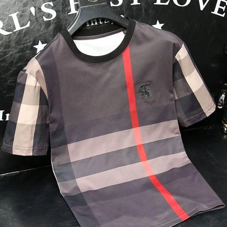 【#A582】Men's Crew Neck Short Sleeve T-Shirt With Classic Contrast Plaid & Horse Embroidery, Luxury Casual Tee