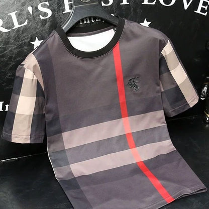 【#A582】Men's Crew Neck Short Sleeve T-Shirt With Classic Contrast Plaid & Horse Embroidery, Luxury Casual Tee