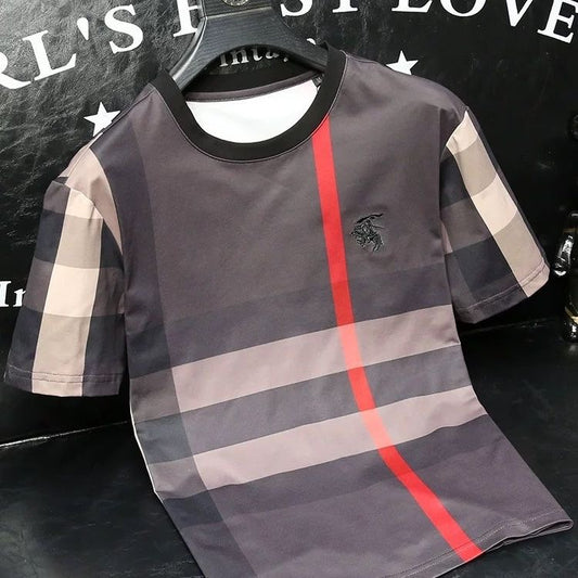 【#A582】Men's Crew Neck Short Sleeve T-Shirt With Classic Contrast Plaid & Horse Embroidery, Luxury Casual Tee
