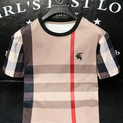 【#A582】Men's Crew Neck Short Sleeve T-Shirt With Classic Contrast Plaid & Horse Embroidery, Luxury Casual Tee