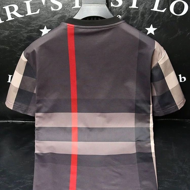 【#A582】Men's Crew Neck Short Sleeve T-Shirt With Classic Contrast Plaid & Horse Embroidery, Luxury Casual Tee