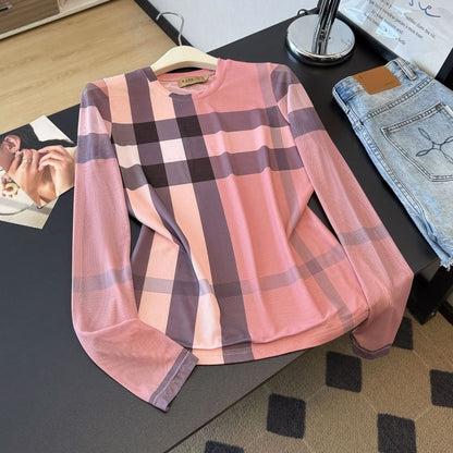 【#A583】Women's Classic Vintage Plaid Crew Neck Long Sleeve Top, Thin Stretch Slim Fit Mesh Base Layer
