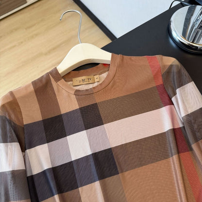 【#A583】Women's Classic Vintage Plaid Crew Neck Long Sleeve Top, Thin Stretch Slim Fit Mesh Base Layer