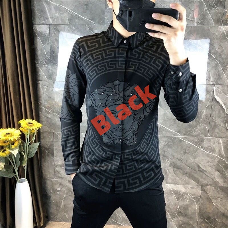 【#A584】Men's Long Sleeve Shirt With All Over Geometric Print & Rhinestone Decor, Slim Fit Trendy Lapel Casual Blouse