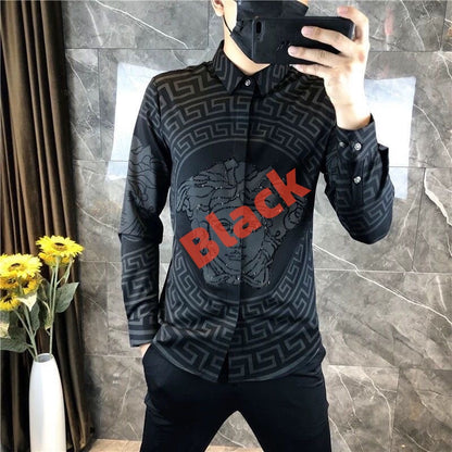 【#A584】Men's Long Sleeve Shirt With All Over Geometric Print & Rhinestone Decor, Slim Fit Trendy Lapel Casual Blouse