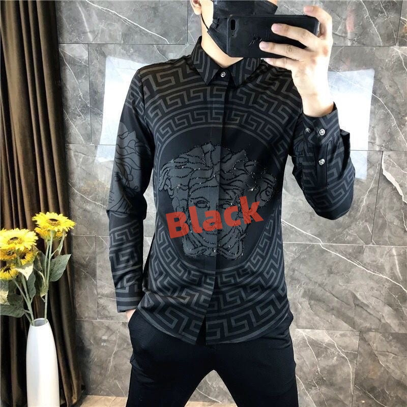【#A584】Men's Long Sleeve Shirt With All Over Geometric Print & Rhinestone Decor, Slim Fit Trendy Lapel Casual Blouse