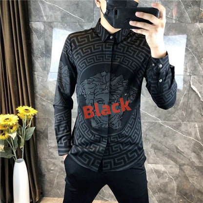 【#A584】Men's Long Sleeve Shirt With All Over Geometric Print & Rhinestone Decor, Slim Fit Trendy Lapel Casual Blouse