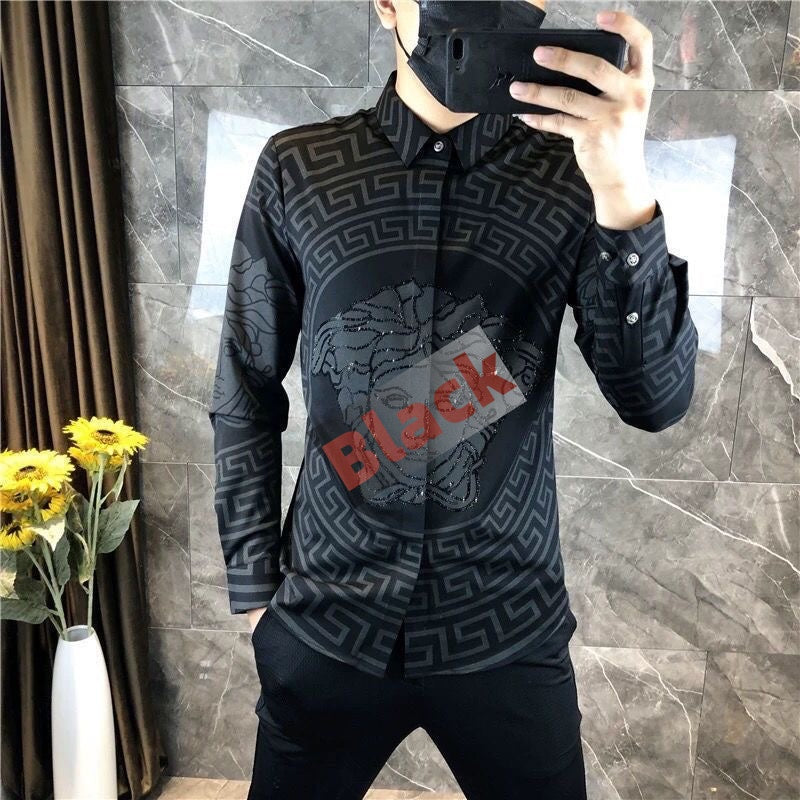 【#A584】Men's Long Sleeve Shirt With All Over Geometric Print & Rhinestone Decor, Slim Fit Trendy Lapel Casual Blouse