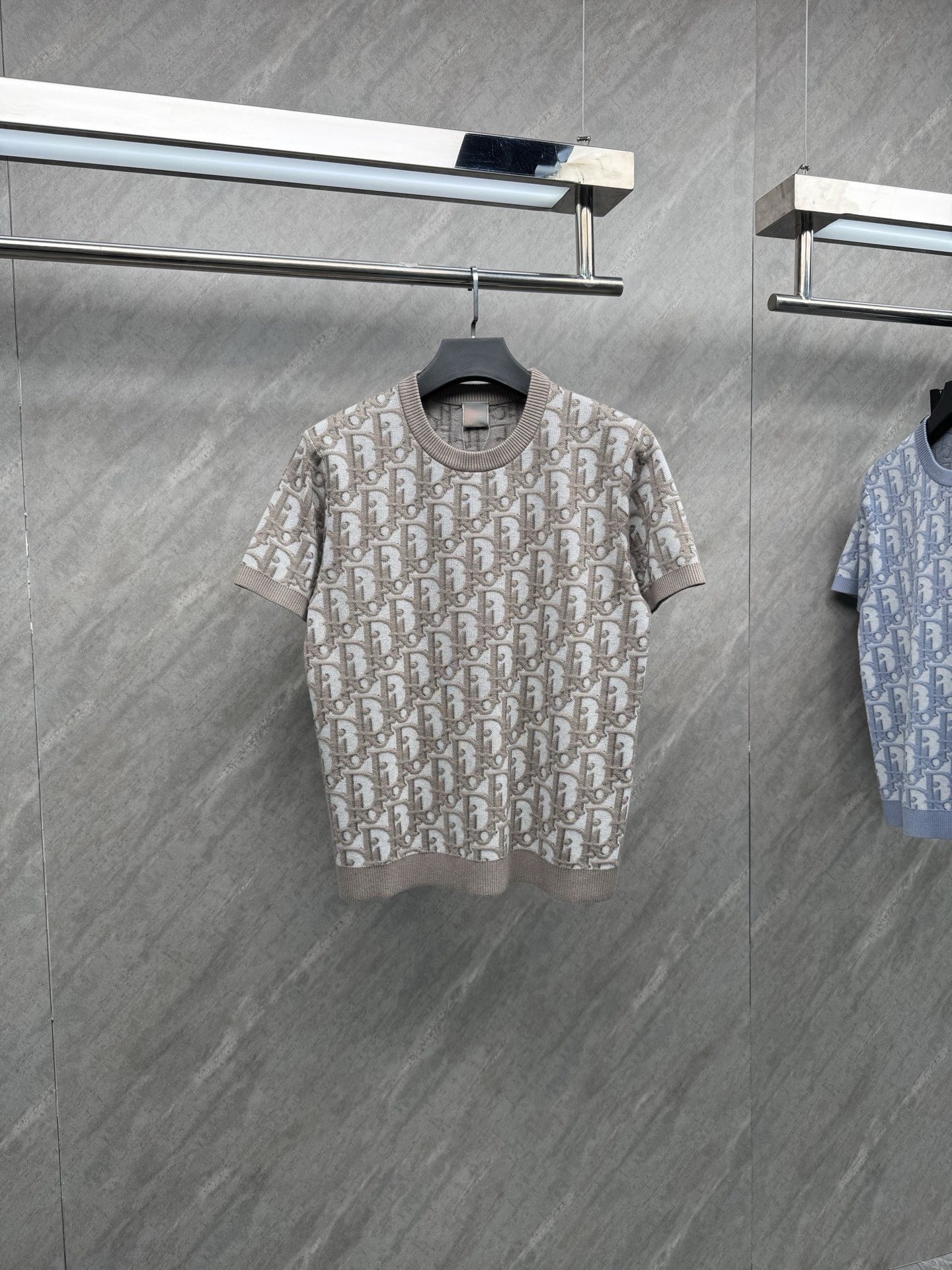 【#A586】Men's Crew Neck Knit Short Sleeve Top With All Over Jacquard Print, Thin Breathable Casual Knit Tee
