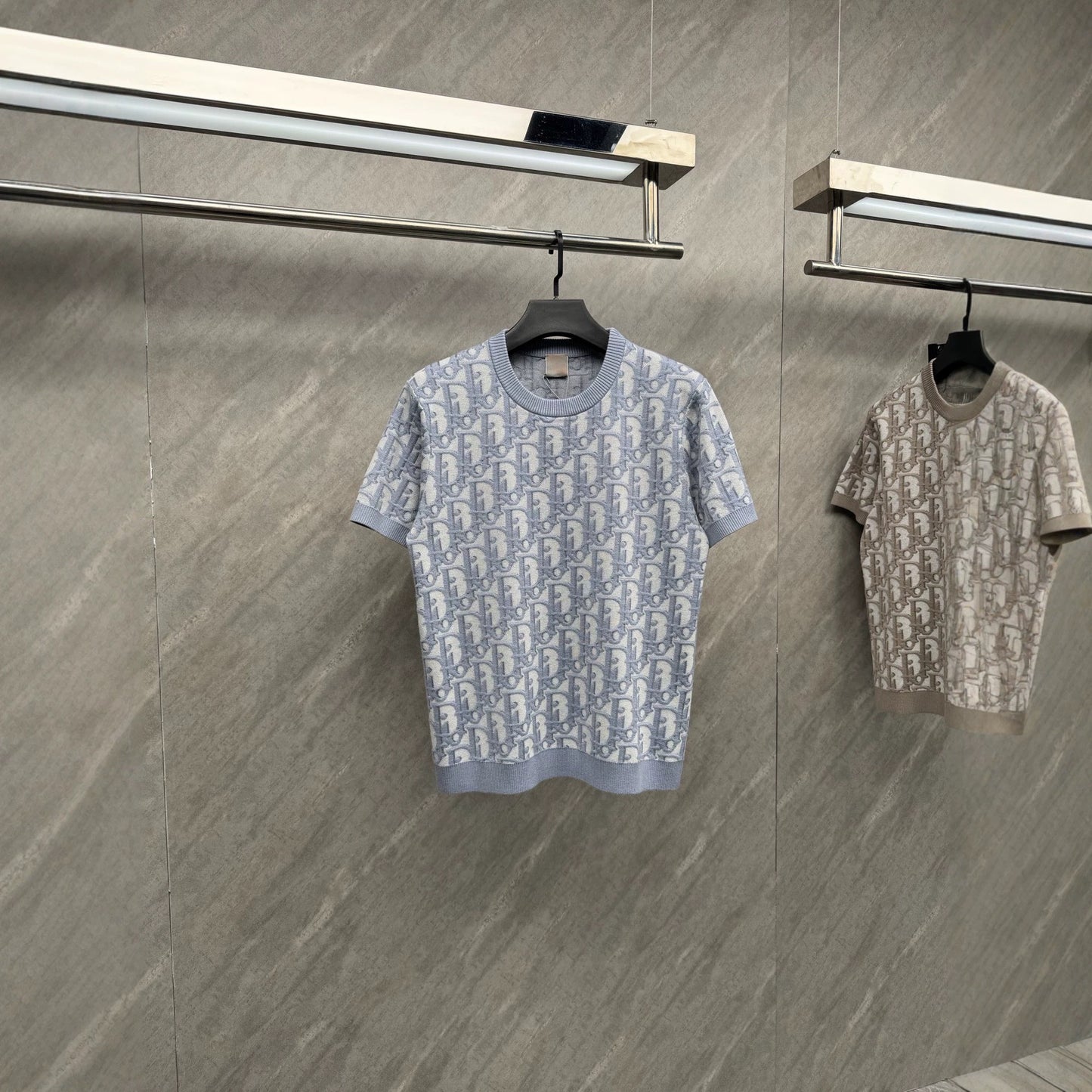 【#A586】Men's Crew Neck Knit Short Sleeve Top With All Over Jacquard Print, Thin Breathable Casual Knit Tee