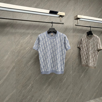 【#A586】Men's Crew Neck Knit Short Sleeve Top With All Over Jacquard Print, Thin Breathable Casual Knit Tee