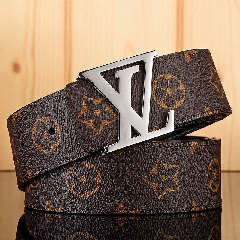 【#A587】Men's Leather Belt With Classic Letter Metal Buckle, Vintage Check & Floral Print Waist Strap For Business Daily