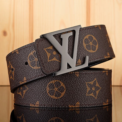 【#A587】Men's Leather Belt With Classic Letter Metal Buckle, Vintage Check & Floral Print Waist Strap For Business Daily