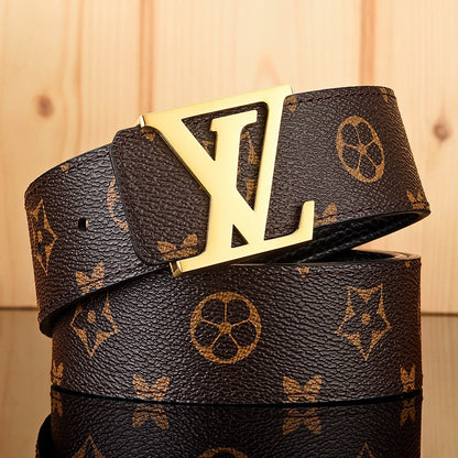 【#A587】Men's Leather Belt With Classic Letter Metal Buckle, Vintage Check & Floral Print Waist Strap For Business Daily