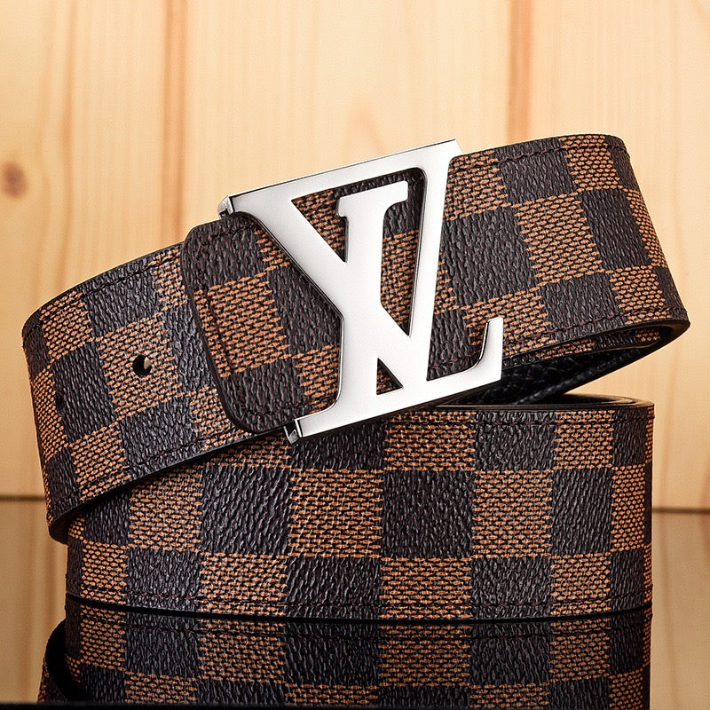 【#A587】Men's Leather Belt With Classic Letter Metal Buckle, Vintage Check & Floral Print Waist Strap For Business Daily