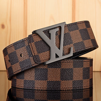 【#A587】Men's Leather Belt With Classic Letter Metal Buckle, Vintage Check & Floral Print Waist Strap For Business Daily