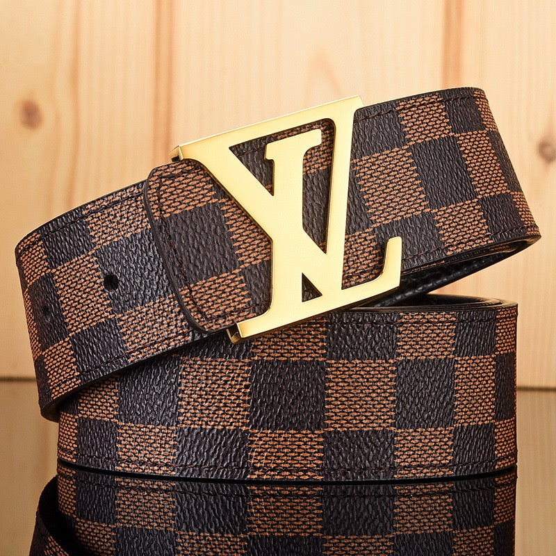 【#A587】Men's Leather Belt With Classic Letter Metal Buckle, Vintage Check & Floral Print Waist Strap For Business Daily