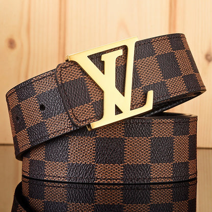 【#A587】Men's Leather Belt With Classic Letter Metal Buckle, Vintage Check & Floral Print Waist Strap For Business Daily