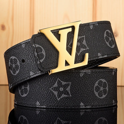 【#A587】Men's Leather Belt With Classic Letter Metal Buckle, Vintage Check & Floral Print Waist Strap For Business Daily
