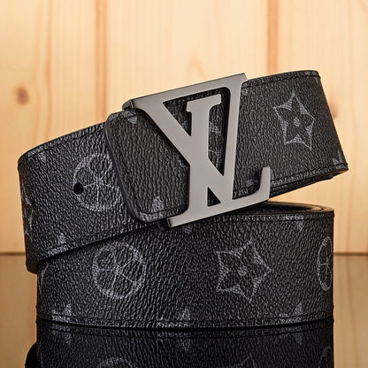 【#A587】Men's Leather Belt With Classic Letter Metal Buckle, Vintage Check & Floral Print Waist Strap For Business Daily