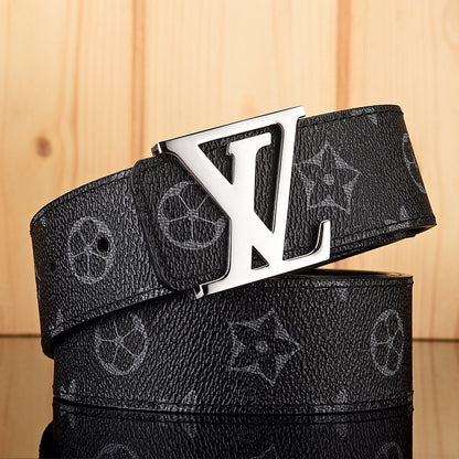 【#A587】Men's Leather Belt With Classic Letter Metal Buckle, Vintage Check & Floral Print Waist Strap For Business Daily