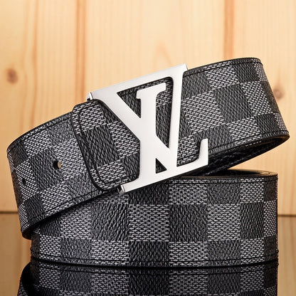 【#A587】Men's Leather Belt With Classic Letter Metal Buckle, Vintage Check & Floral Print Waist Strap For Business Daily