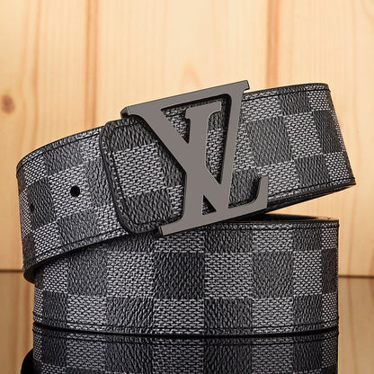 【#A587】Men's Leather Belt With Classic Letter Metal Buckle, Vintage Check & Floral Print Waist Strap For Business Daily