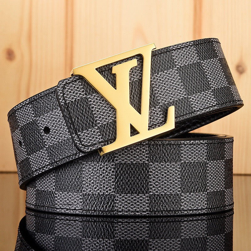 【#A587】Men's Leather Belt With Classic Letter Metal Buckle, Vintage Check & Floral Print Waist Strap For Business Daily
