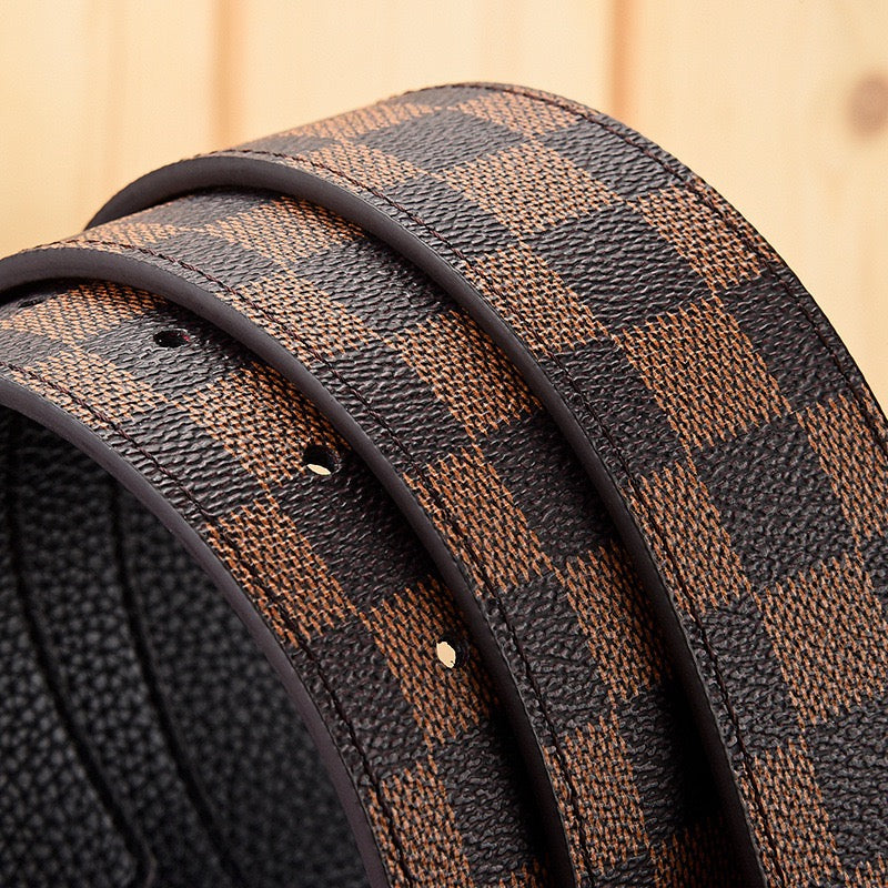 【#A587】Men's Leather Belt With Classic Letter Metal Buckle, Vintage Check & Floral Print Waist Strap For Business Daily