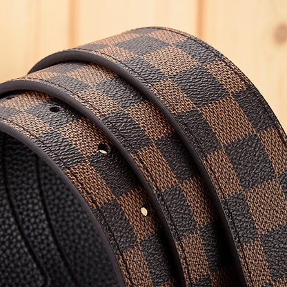 【#A587】Men's Leather Belt With Classic Letter Metal Buckle, Vintage Check & Floral Print Waist Strap For Business Daily