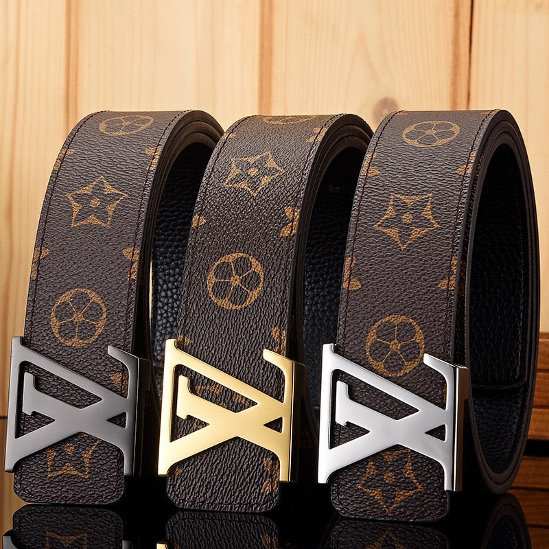 【#A587】Men's Leather Belt With Classic Letter Metal Buckle, Vintage Check & Floral Print Waist Strap For Business Daily