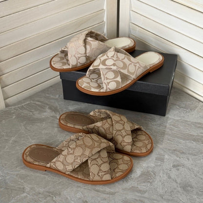 【#A588】Women's Vintage All Over Print Cross Strap Flat Slide Sandals, Casual Outdoor Slip On Slippers For Vacation