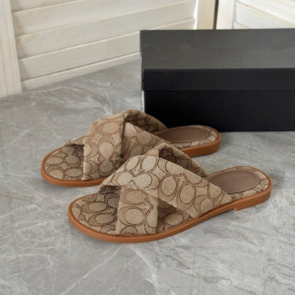 【#A588】Women's Vintage All Over Print Cross Strap Flat Slide Sandals, Casual Outdoor Slip On Slippers For Vacation