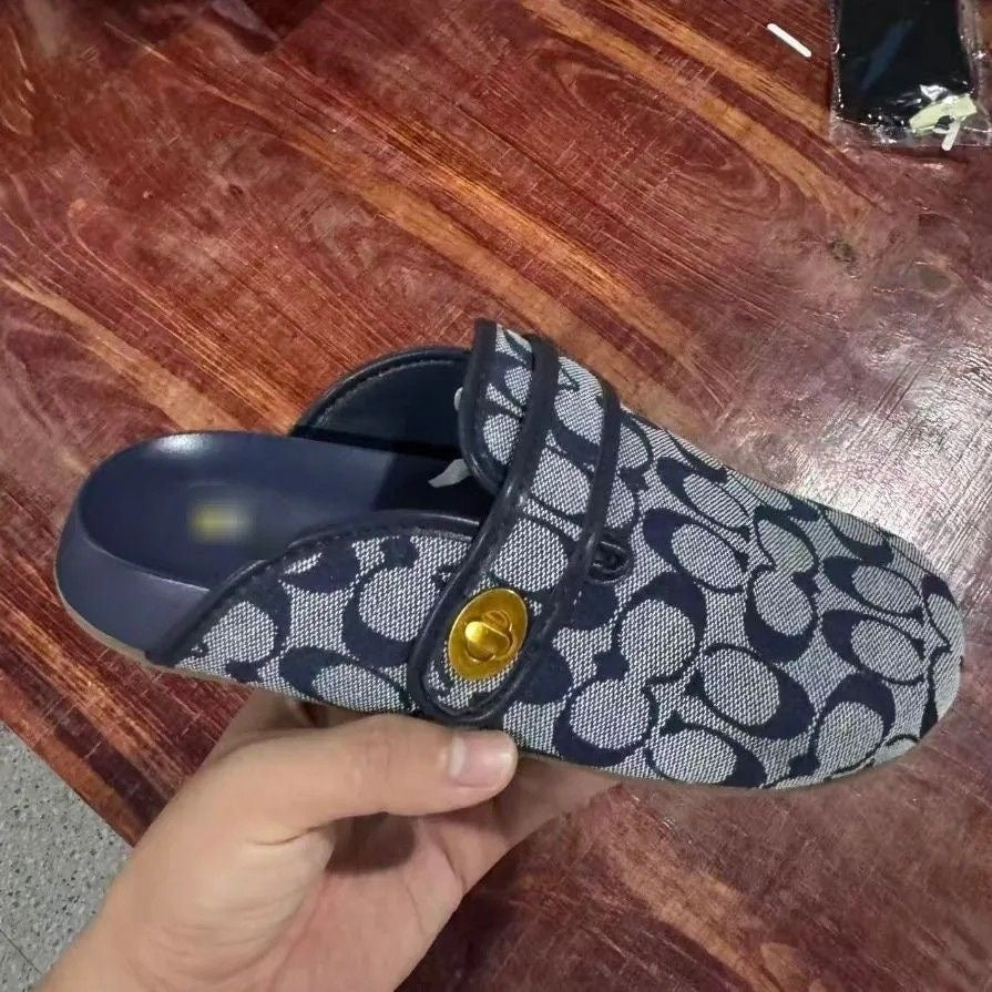 【#A589】Women's Vintage Printed Mule Slippers, Flat Strap Buckle Slip On Loafer Slide Sandals
