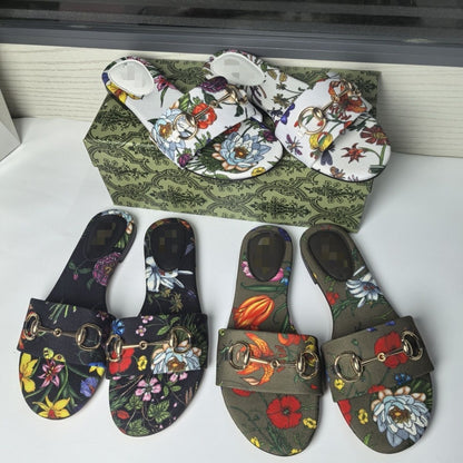 Women's Floral Print Slide Sandals With Metal Horsebit Buckle, Flat Casual Summer Slippers For Outdoor Vacation