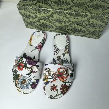 Women's Floral Print Slide Sandals With Metal Horsebit Buckle, Flat Casual Summer Slippers For Outdoor Vacation