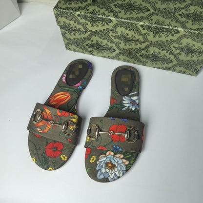 Women's Floral Print Slide Sandals With Metal Horsebit Buckle, Flat Casual Summer Slippers For Outdoor Vacation