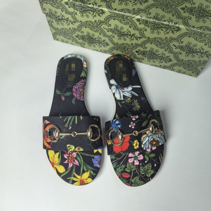 Women's Floral Print Slide Sandals With Metal Horsebit Buckle, Flat Casual Summer Slippers For Outdoor Vacation
