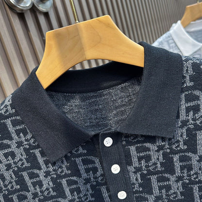 【#A596】Men's All Over Letter Jacquard Knit Polo Shirt, Thin Lapel Breathable Casual Short Sleeve Top