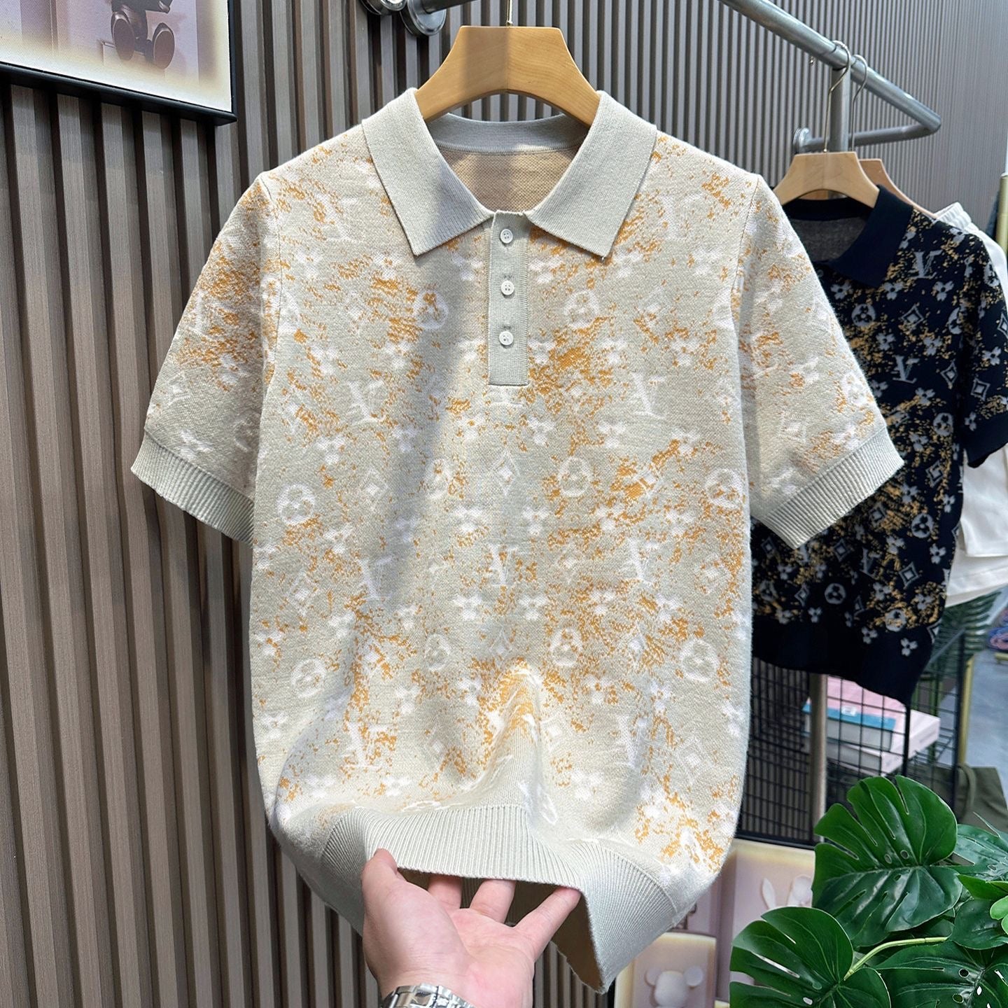 【#A595】Men's Gradient Clover Jacquard Knit Polo Shirt, Thin Lapel Breathable Casual Short Sleeve Top