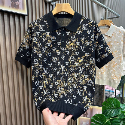 【#A595】Men's Gradient Clover Jacquard Knit Polo Shirt, Thin Lapel Breathable Casual Short Sleeve Top
