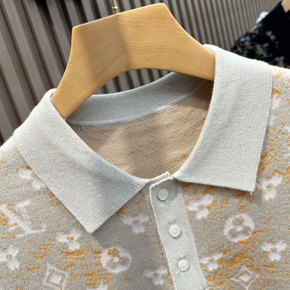 【#A595】Men's Gradient Clover Jacquard Knit Polo Shirt, Thin Lapel Breathable Casual Short Sleeve Top