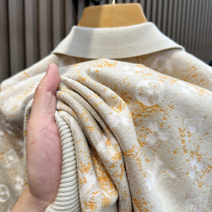 【#A595】Men's Gradient Clover Jacquard Knit Polo Shirt, Thin Lapel Breathable Casual Short Sleeve Top