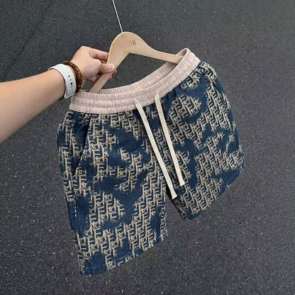 【#A594】Men's All Over Letter Print Five Inch Shorts, Elastic Drawstring Loose Casual Beach Shorts