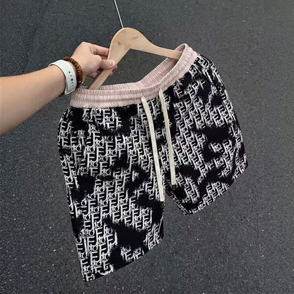 【#A594】Men's All Over Letter Print Five Inch Shorts, Elastic Drawstring Loose Casual Beach Shorts