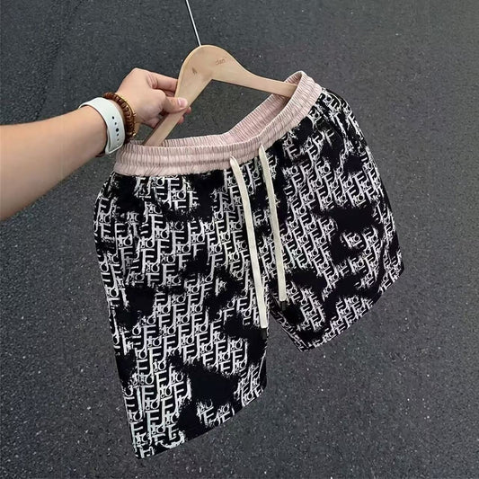 【#A594】Men's All Over Letter Print Five Inch Shorts, Elastic Drawstring Loose Casual Beach Shorts