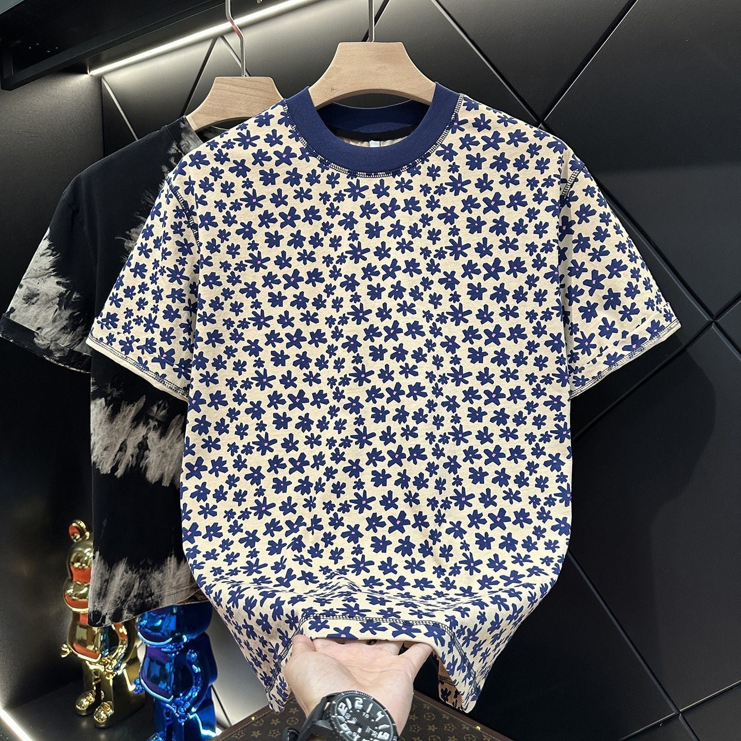 【#A597】Men Women Vintage Floral Print Crew Neck T-Shirt, Loose Casual Short Sleeve Top